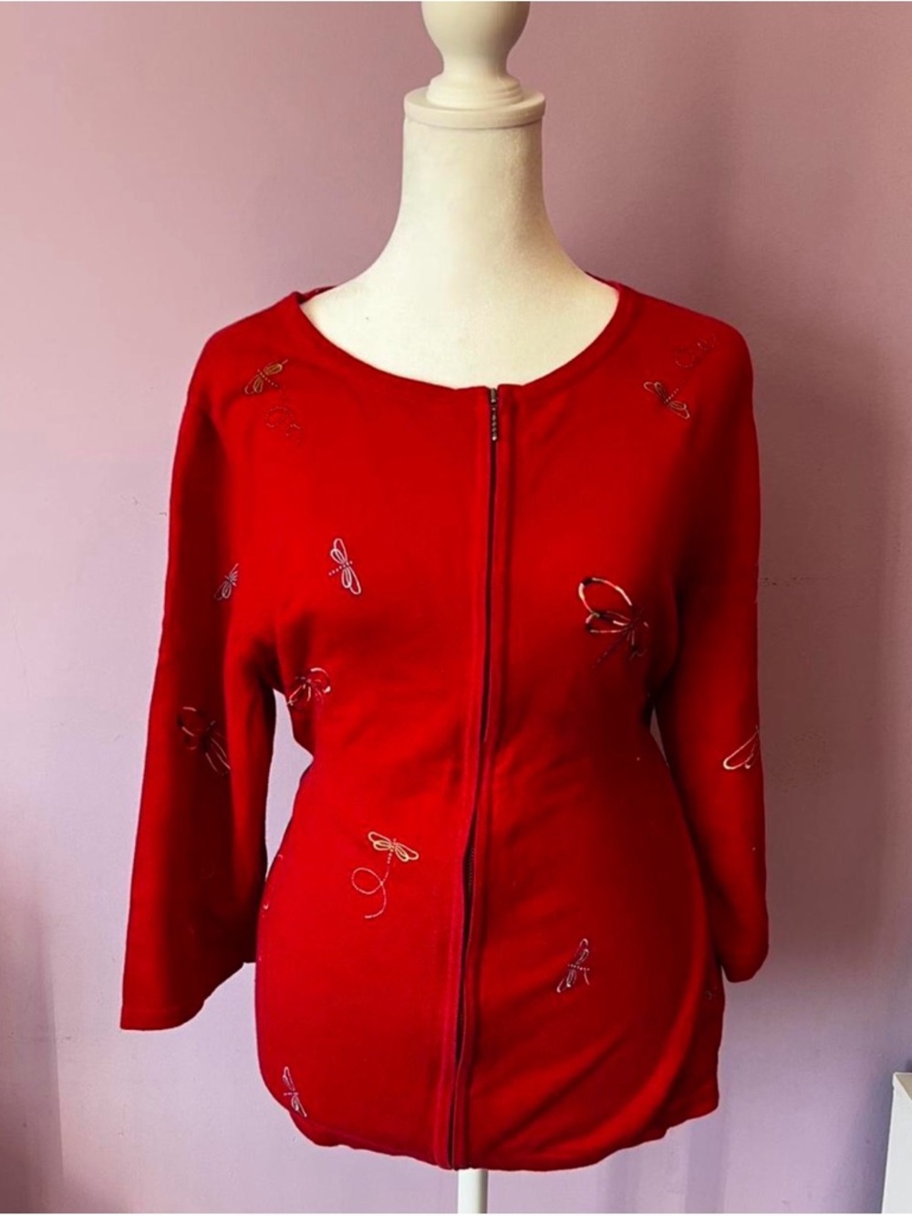 Christopher & Banks Red Zip-Front Embroidered Dragon Fly Sweatshirt Womens XL